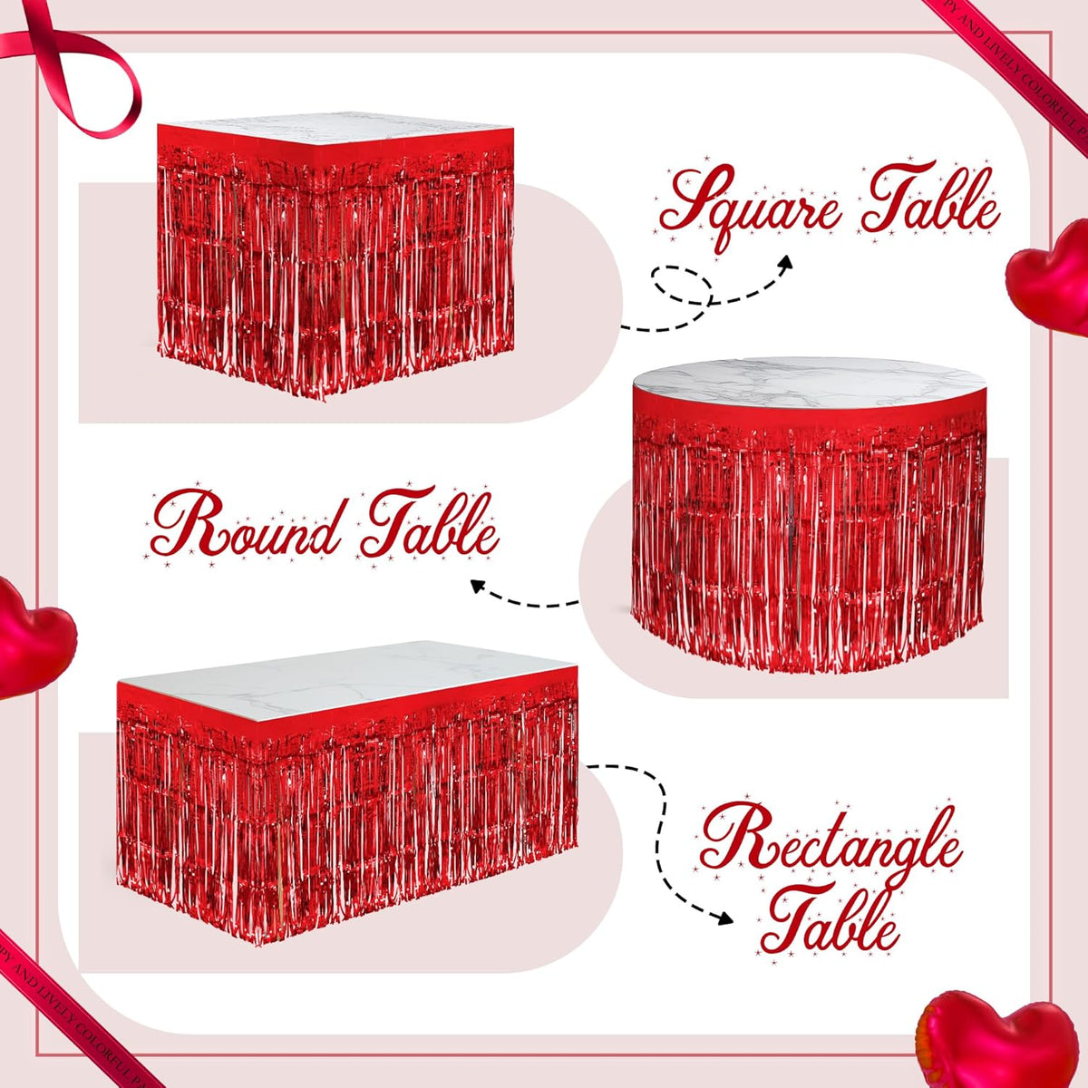 2 Pack Red Table Skirts, 29x108" Metallic Foil Tinsel Fringe Table Skirts for Rectangle Tables