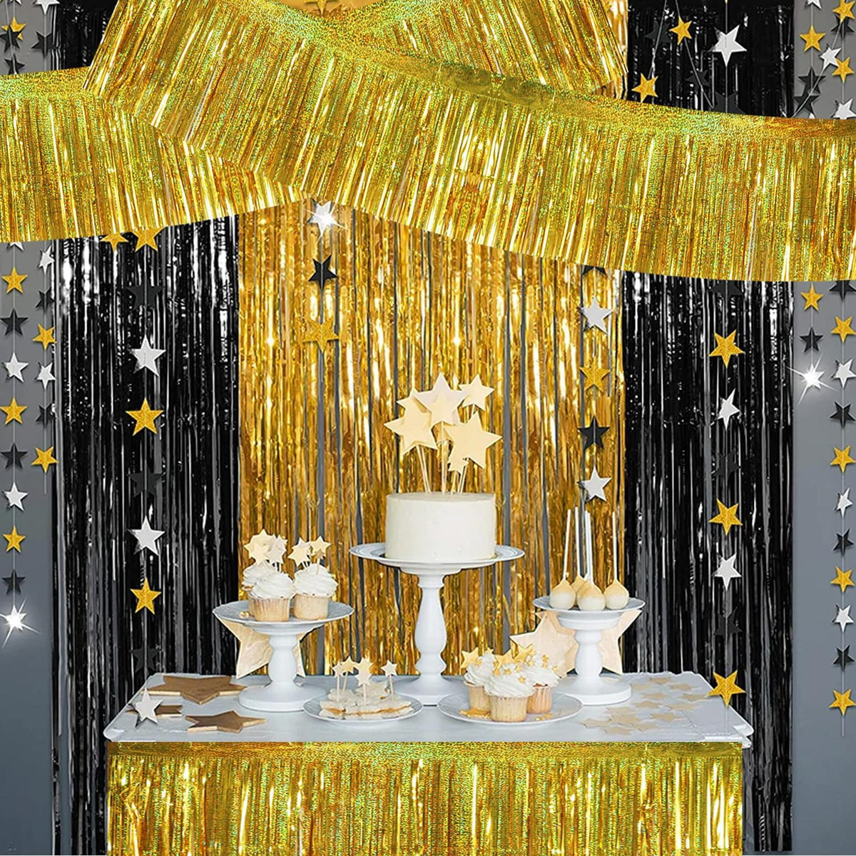 BEISHIDA 3 Packs 30 Feet Metallic Foil Fringe Garland Tinsel Streamers，Laser Gold Wall Hanging