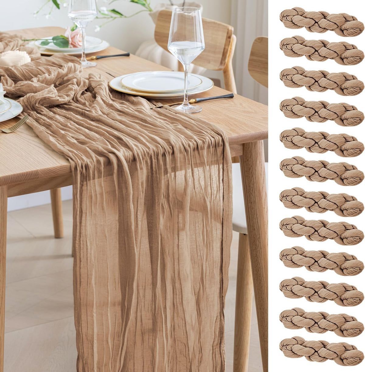 Asee'm 12pcs Cheesecloth Table Runner 120 Inches Long Nude Boho Gauze Cheese Cloth Runner 10FT