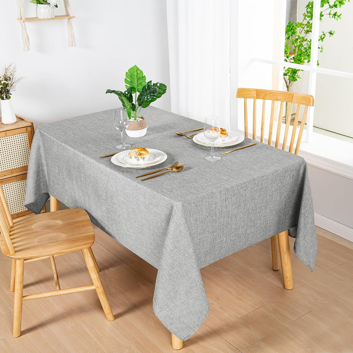 Hiasan Faux Linen Rectangle Tablecloth - Wrinkle and Stain Resistant Washable Table Cloth for