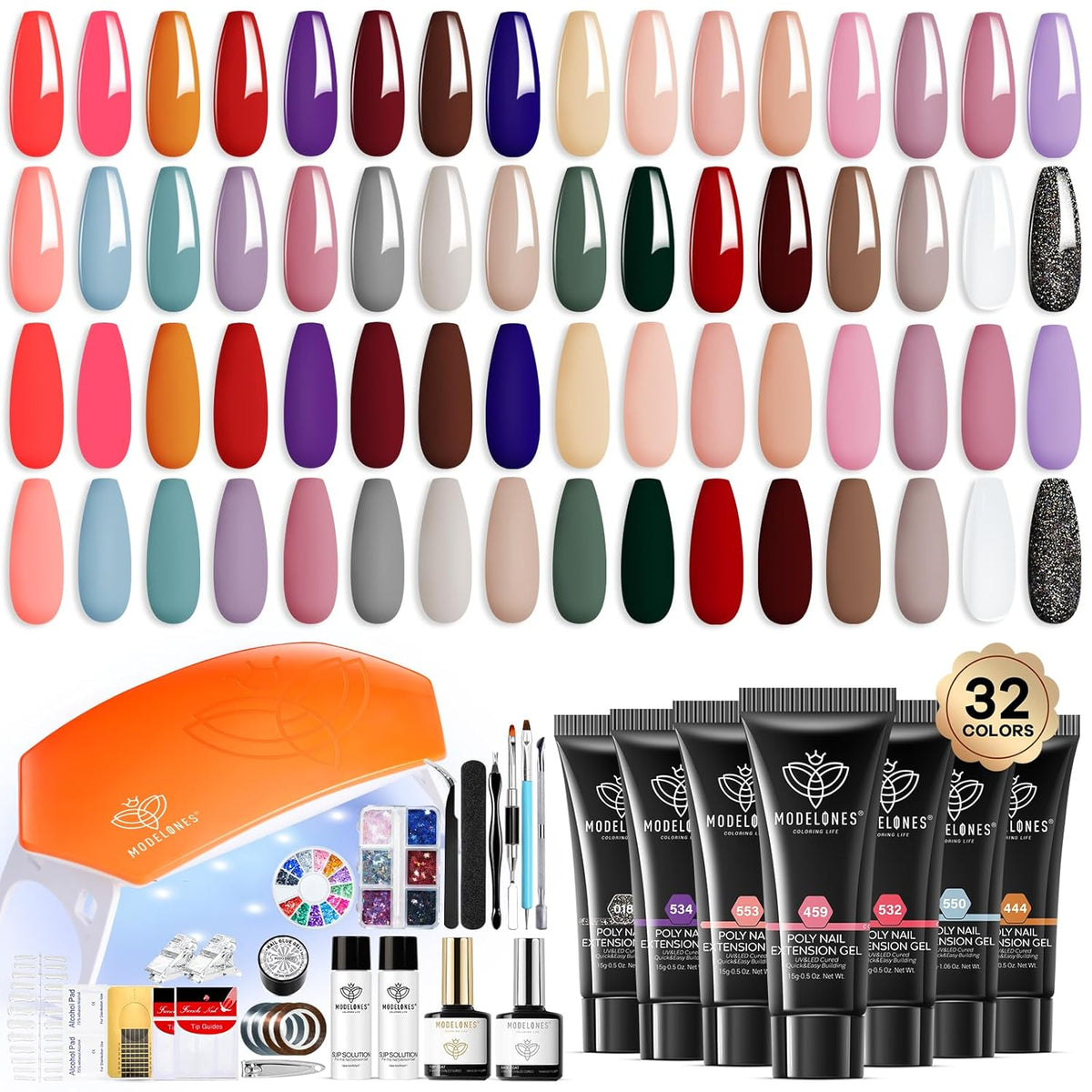 Modelones 133pcs Poly Nail Gel Kit, 32 Colors Spring Pink Pastel Poly Extension Gel kit with Nail