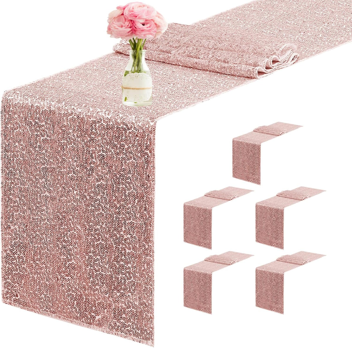 6 Packs 12 x 72 inches Sequin Table Runner, Rose Gold Glitter Table Runner for Birthday Party