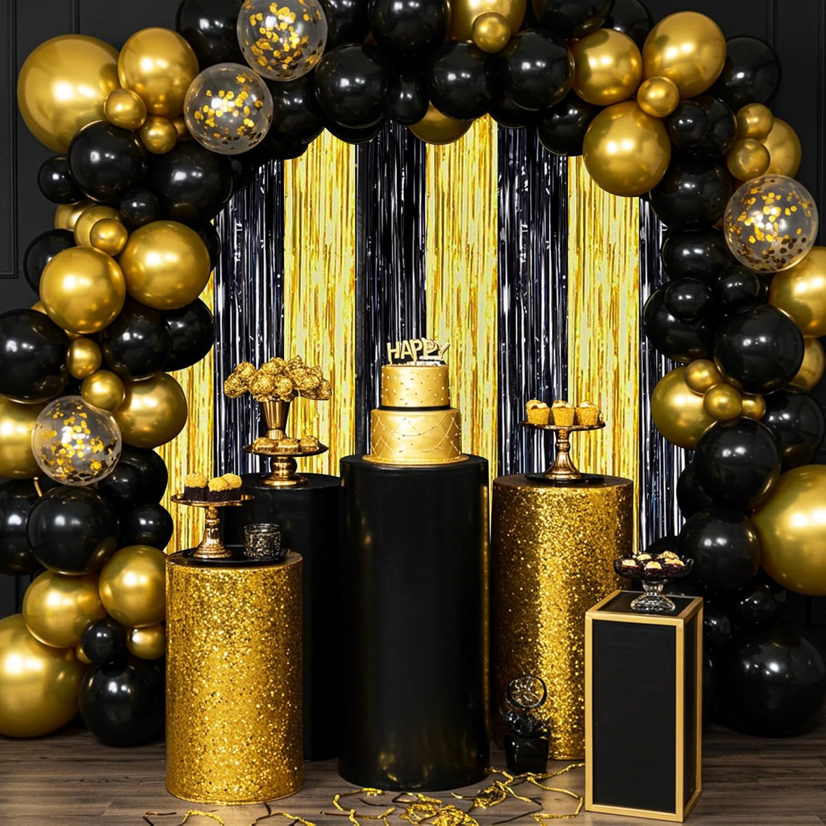 BEISHIDA 2Pcs Black Gold Door Streamers Congrats Grade 2025 Decoration Backdrop Foil Fringe Tinsel