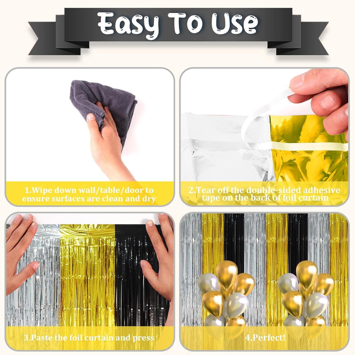 2 Pack Black Gold Silver Foil Fringe Backdrop Curtains, Tinsel Streamers Party Decorations, Fringe