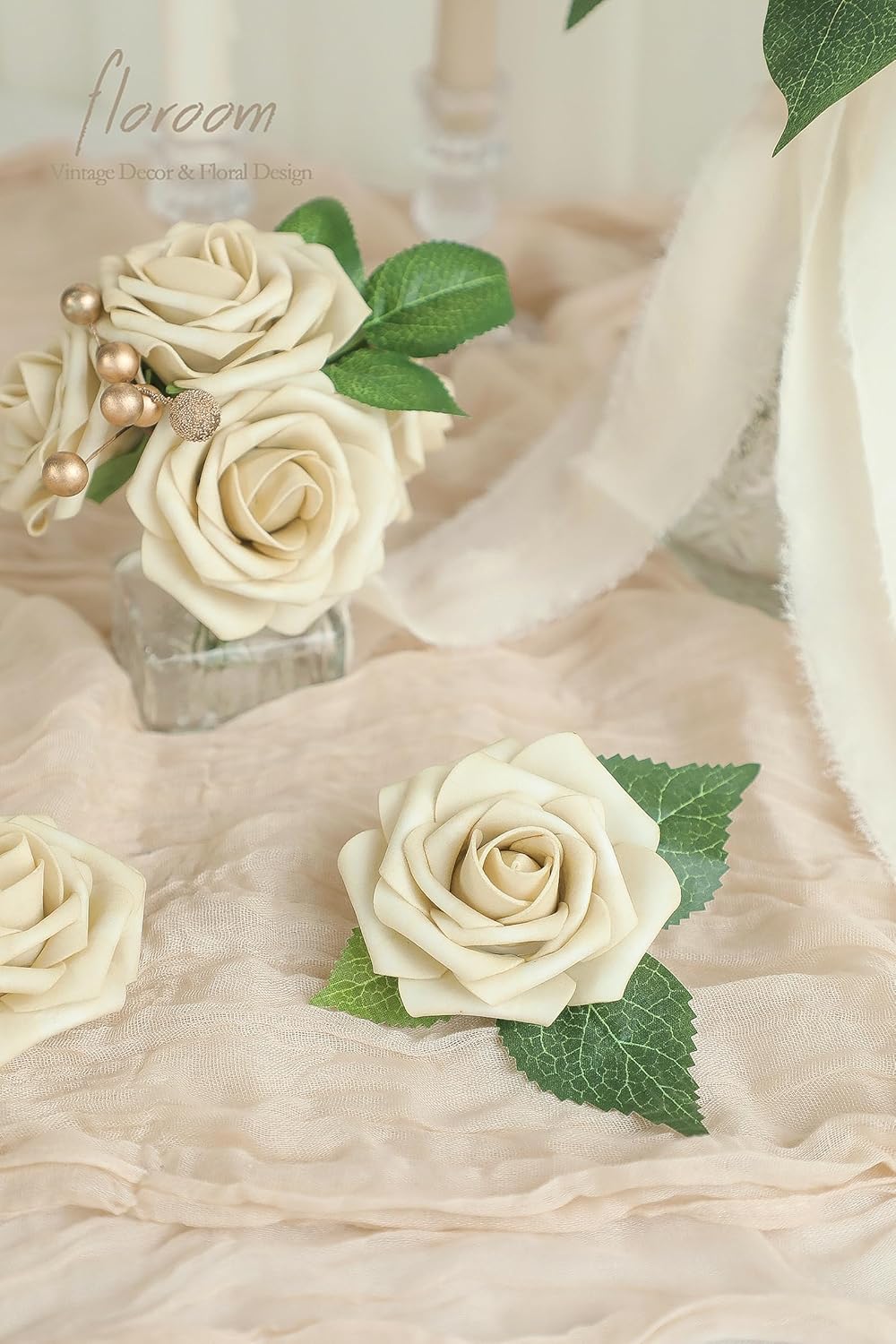 Floroom Artificial Flowers 25pcs Real Looking Beige Foam Fake Roses with Stems for DIY Wedding