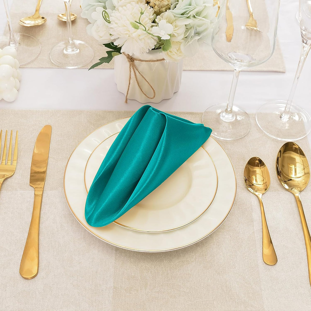 12 Pieces Teal Satin Napkins, 17" x 17" Square Table Napkins, Silky Soft Smooth Washable Napkins