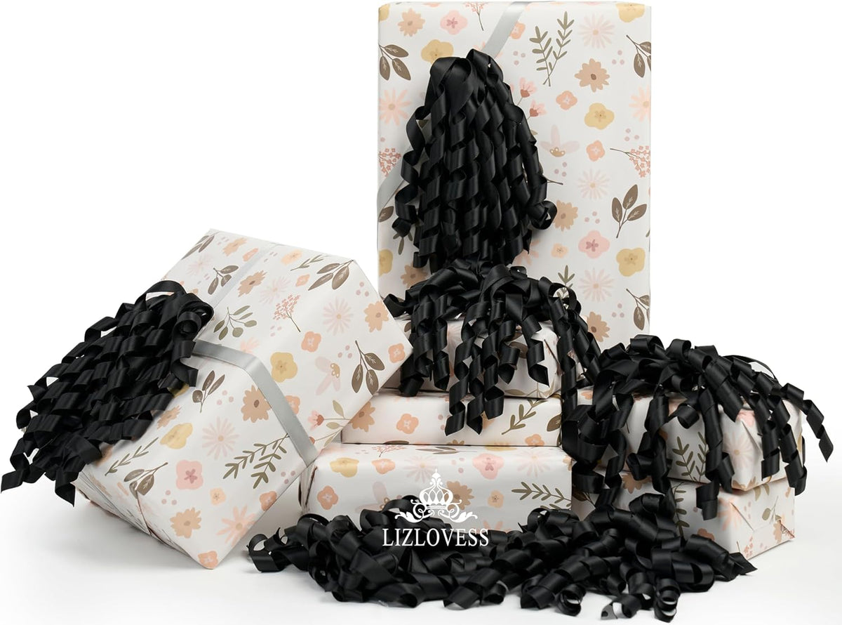 6 Inch Black Curly Bows for Gift Wrapping Set of 6, Self Adhesive Bows Black Gift Bows for