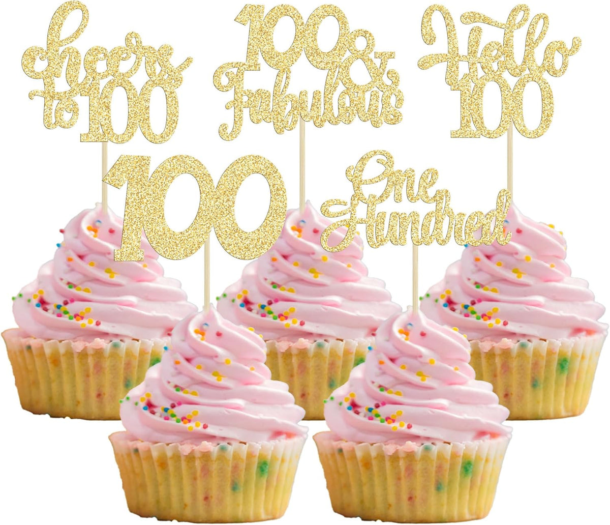 30pcs Happy 100th Birthday Cupcake Toppers - Gold Glitter One Hundred Cheers to 100 Years Old