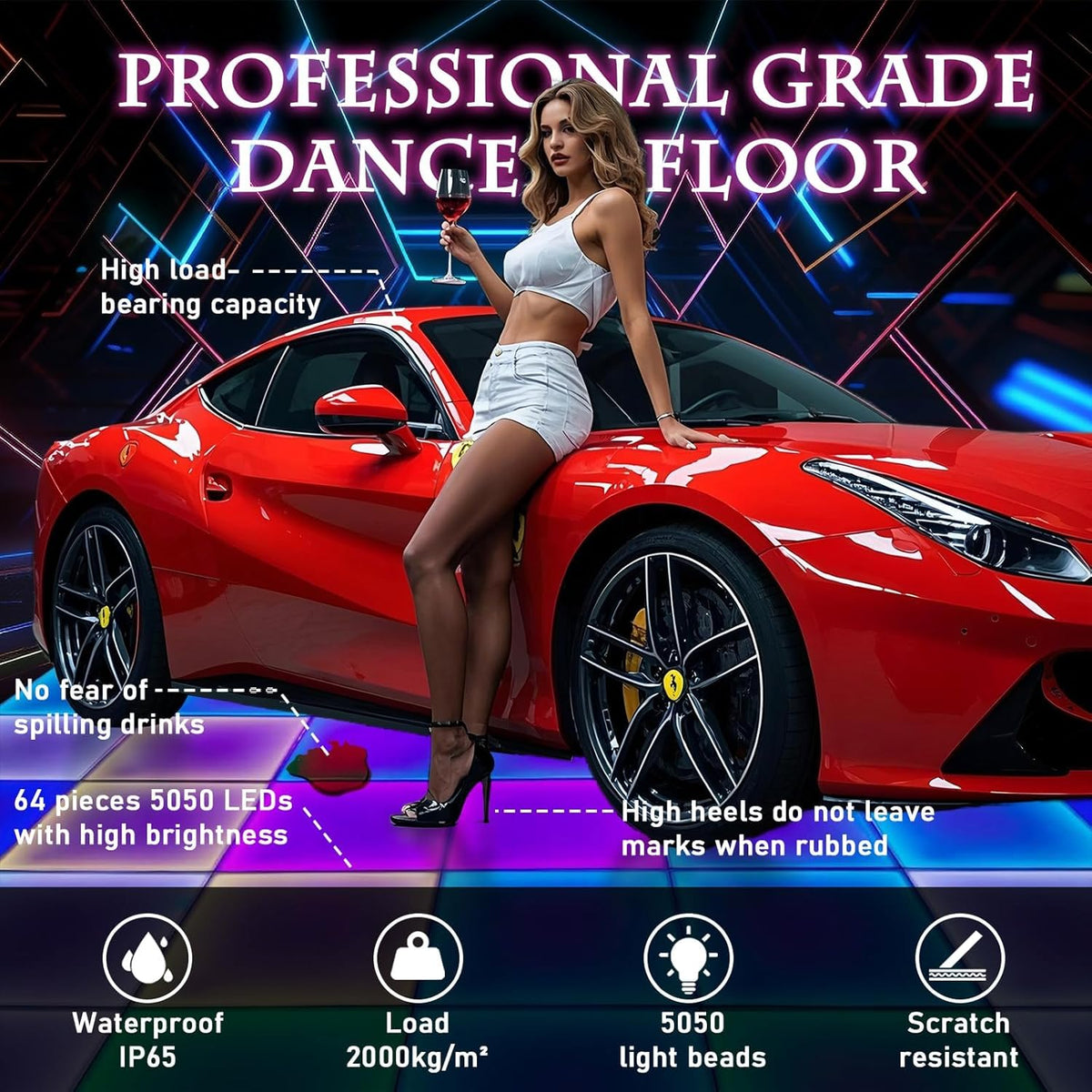 Dance Floor Stage Lights-Tempered Glass with Flight Case - RGB Color Changing Lights for Wedding