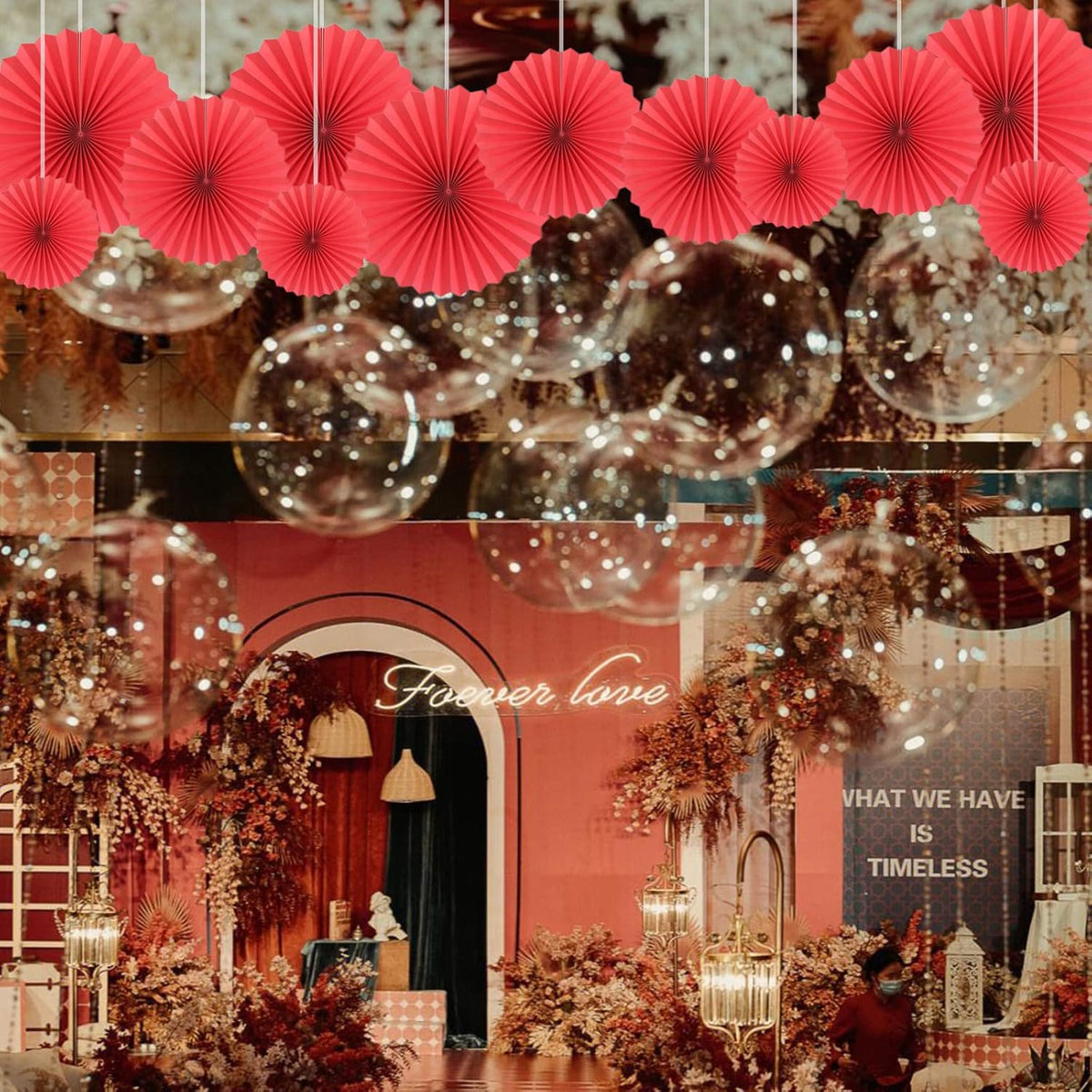 HQZ Red Party Hanging Fans DIY Set - 12pcs Pinwheels & Flowers for Weddings, Birthdays, Christmas;