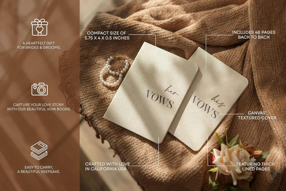 Slim Vow Books (Set of 2 - Design 1) - Soft Cream Canvas Linen Textured Cover Wedding Vow Booklets