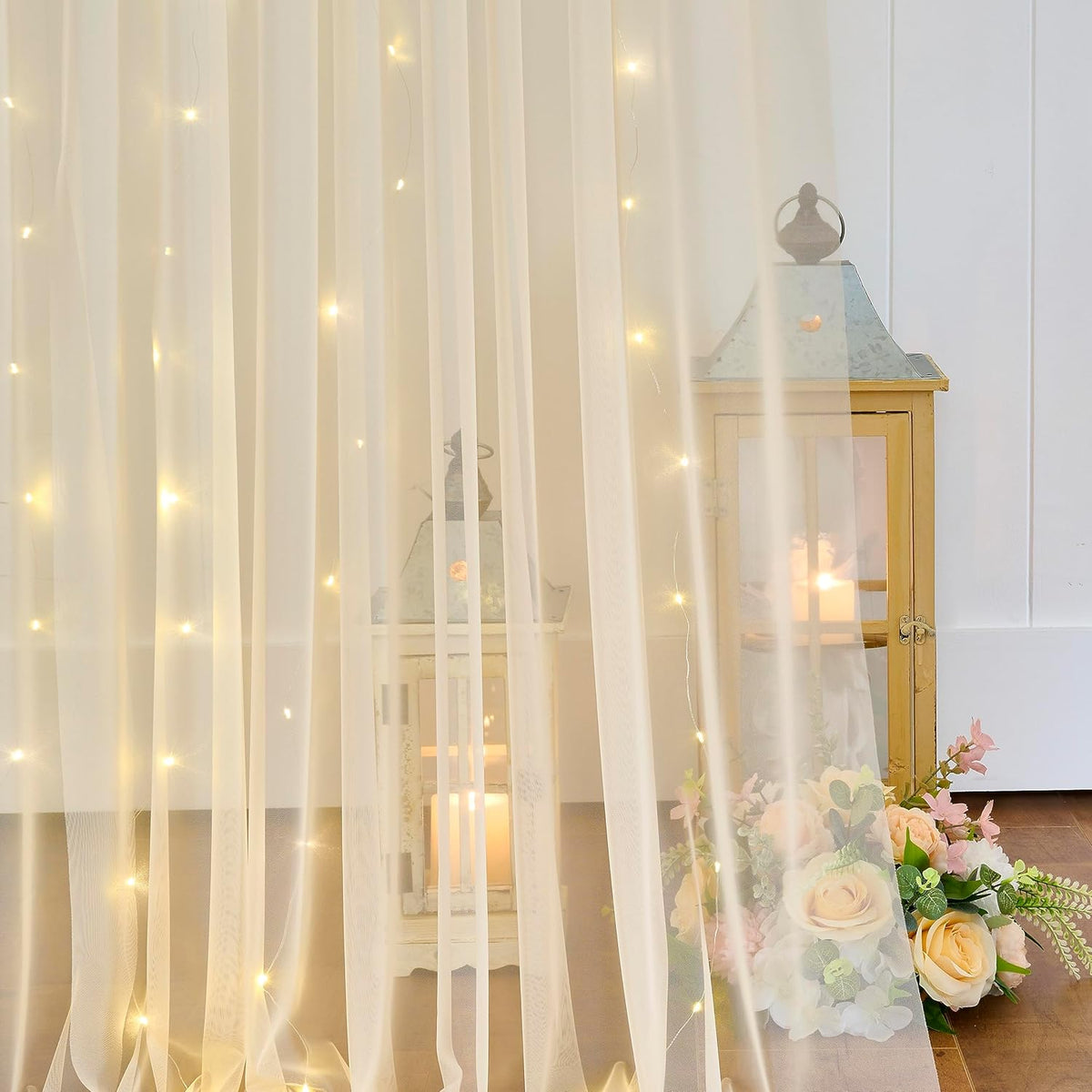 Champagne Tulle Backdrop Curtain with Lights String for Parites Wedding 10x8ft Champagne Sheer