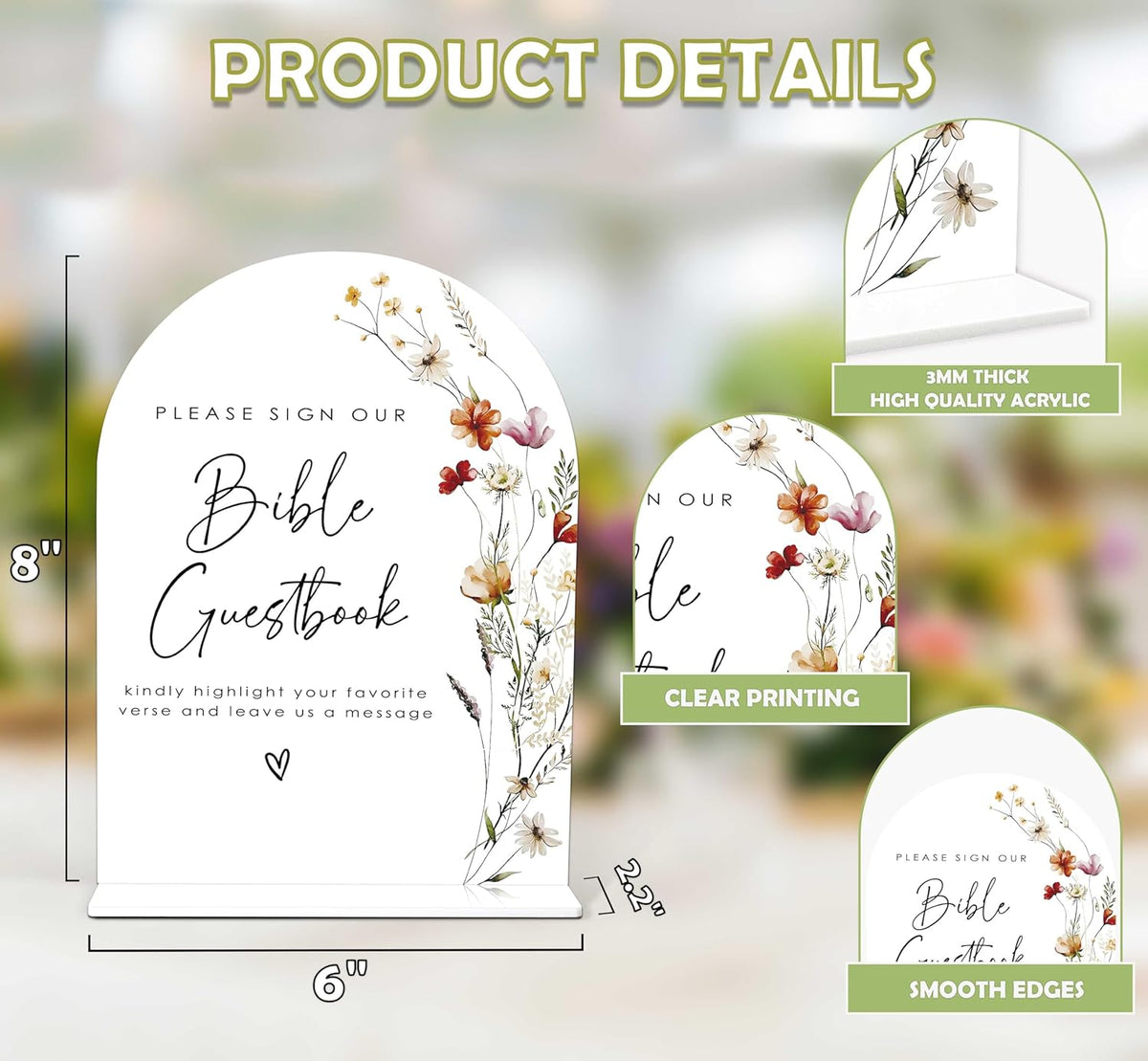 Boho Floral Bible Guest Book Sign, 6 x 8 Inch White Arch Acrylic Wedding Sign with Holder, Wedding