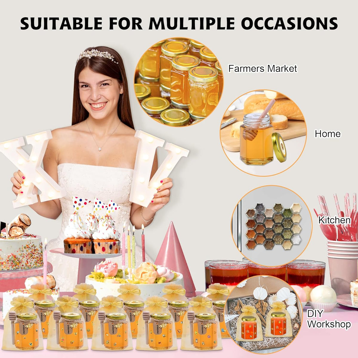 35 Pack 4 oz Mini Hexagon Glass Honey Jars with Dippers, Gold Lids, Bee Stickers, Bee Charms, Gift