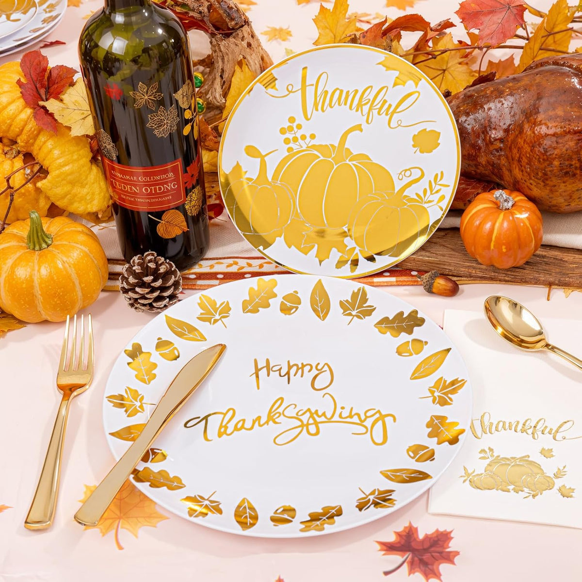 Festiva 176Pcs Thanksgiving Plastic Plates - Heavy Duty Thanksgiving Plates - Thanksgiving