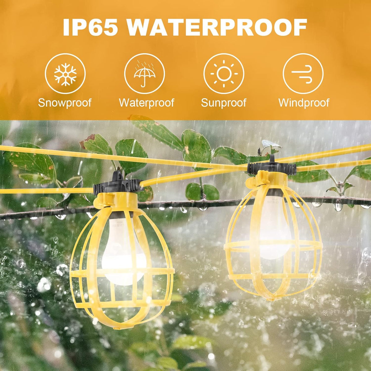 50FT Construction String Lights, 50W 5 Bulbs Work Lights with E26 Base, IP65 Waterproof, 4000LM
