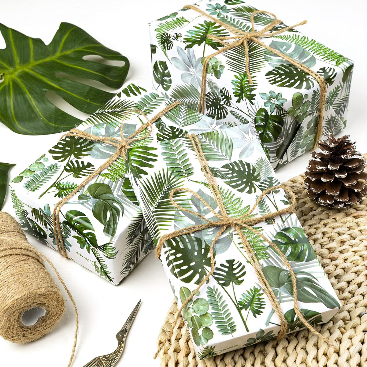 WRAPAHOLIC Reversible Tropical Wrapping Paper - Mini Roll - 17 Inch X 33 Feet - Green Monstera Leaf