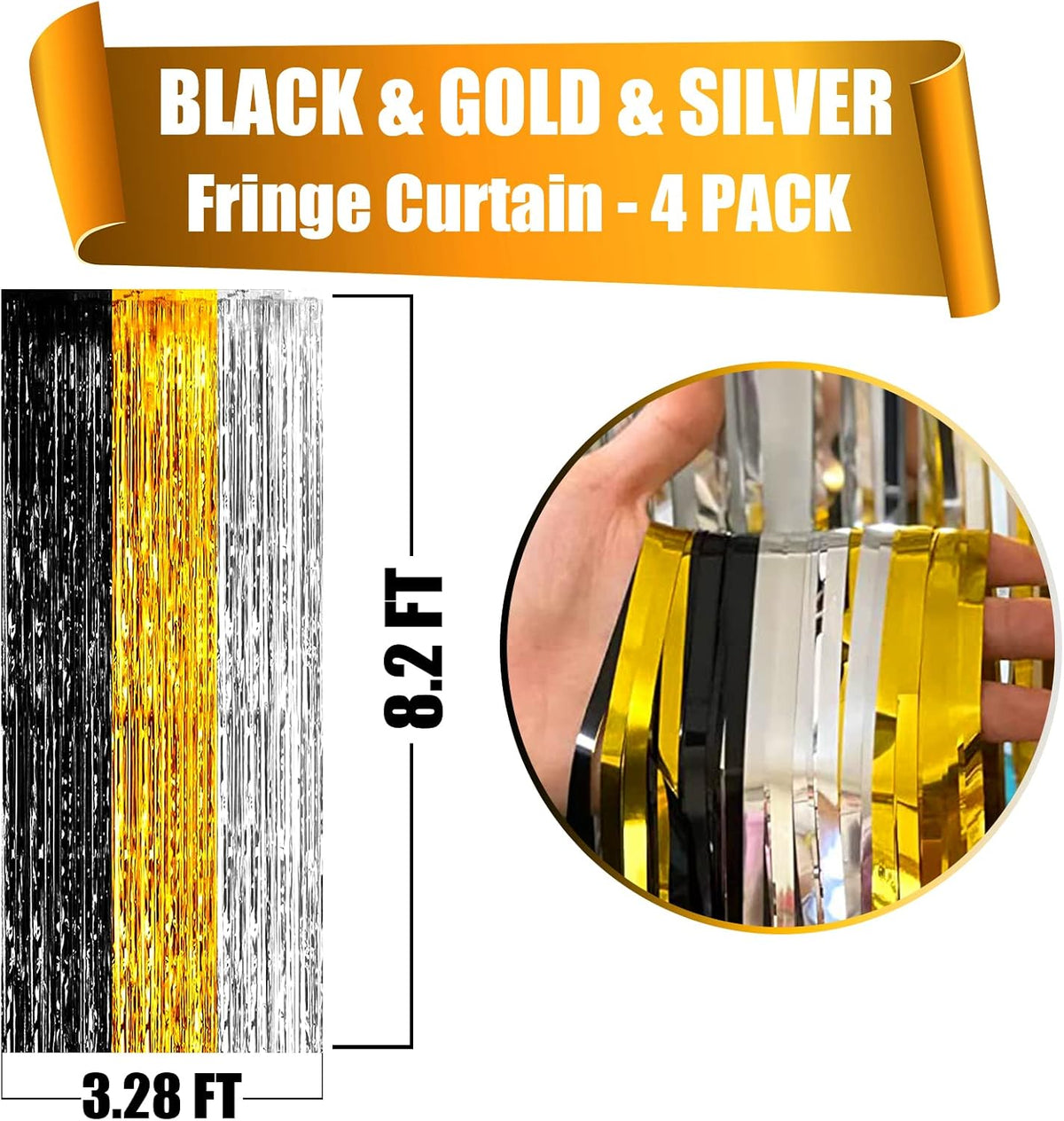 4 Pack Black Gold Silver Foil Fringe Curtain Backdrop, 3.28Ft x 8.2Ft Metallic Tinsel Foil Fringe