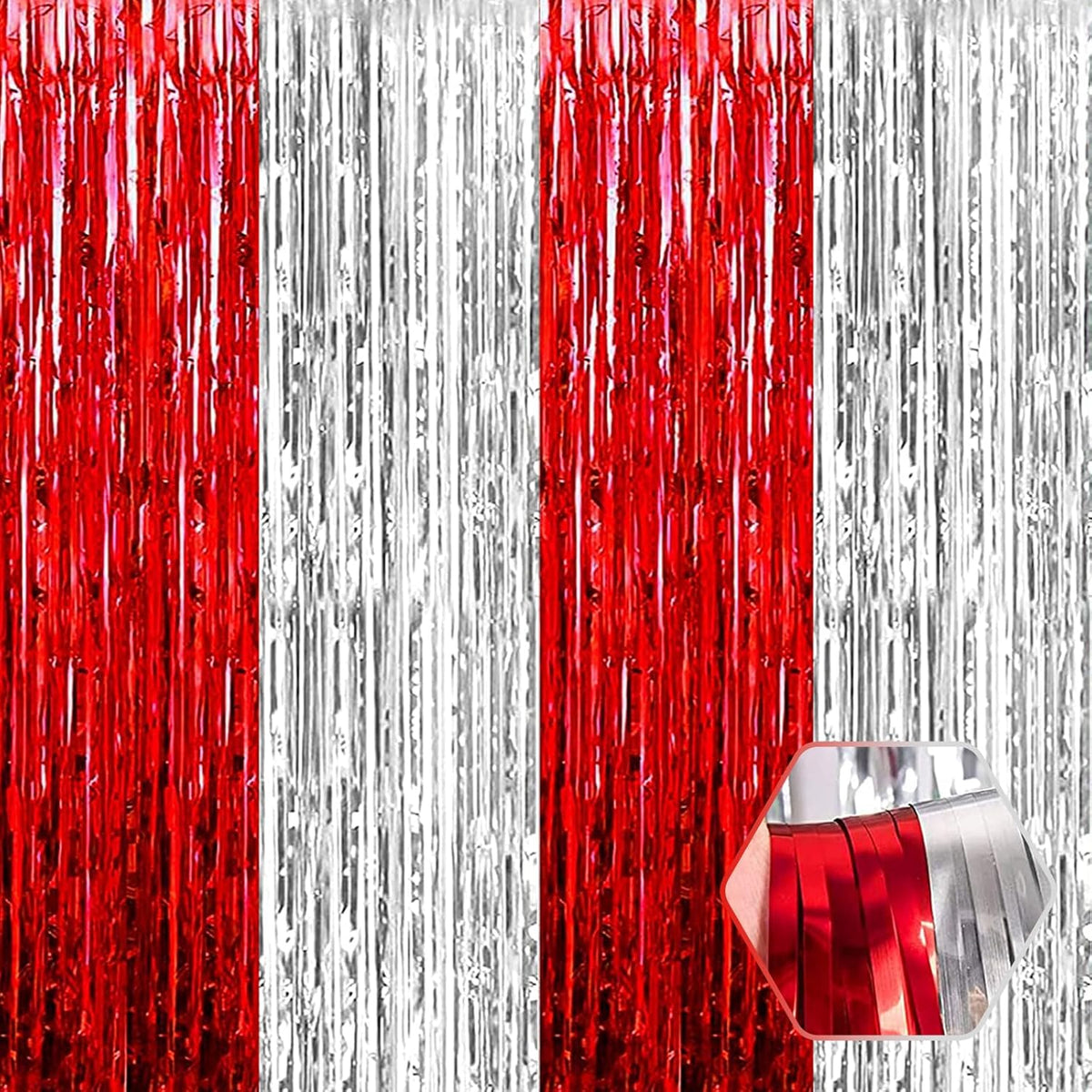 3 Pack Red Silver Foil Fringe Curtain Backdrop, 3.28Ft x 8.2Ft Metallic Tinsel Foil Fringe Streamer