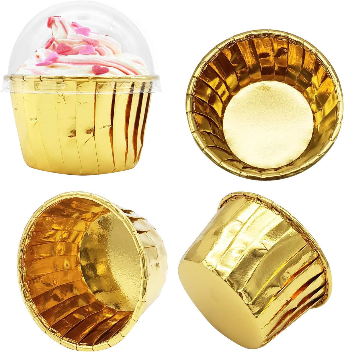 Gold Cupcake Liners with Lids 100Pack,Free-Air 3.5Oz Mini Muffin Liners Cupcake Wrappers,Foil