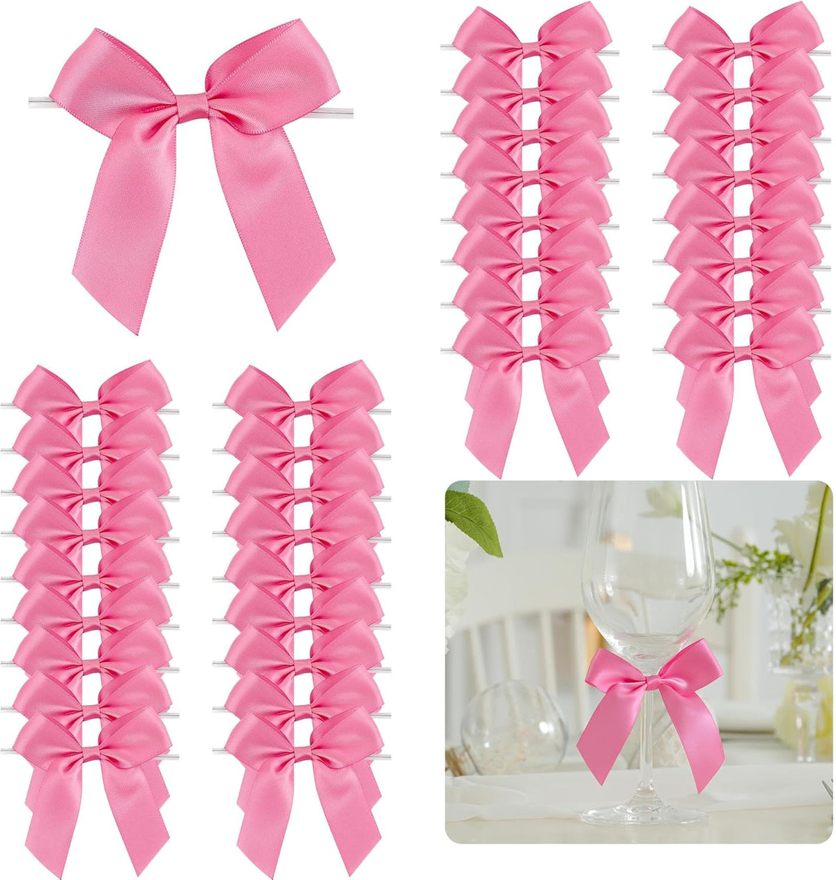 3.5" Hot Pink Bow Satin Pre-Tied Bows for Gift Wrapping, Small Bows for Crafts, Premade Bows, Candy