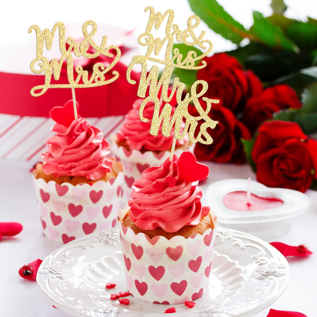 Gyufise 36Pcs Mr & Mrs Cupcake Toppers Love Mr Mrs Cupcake Picks Gold Glitter Wedding Cucpake