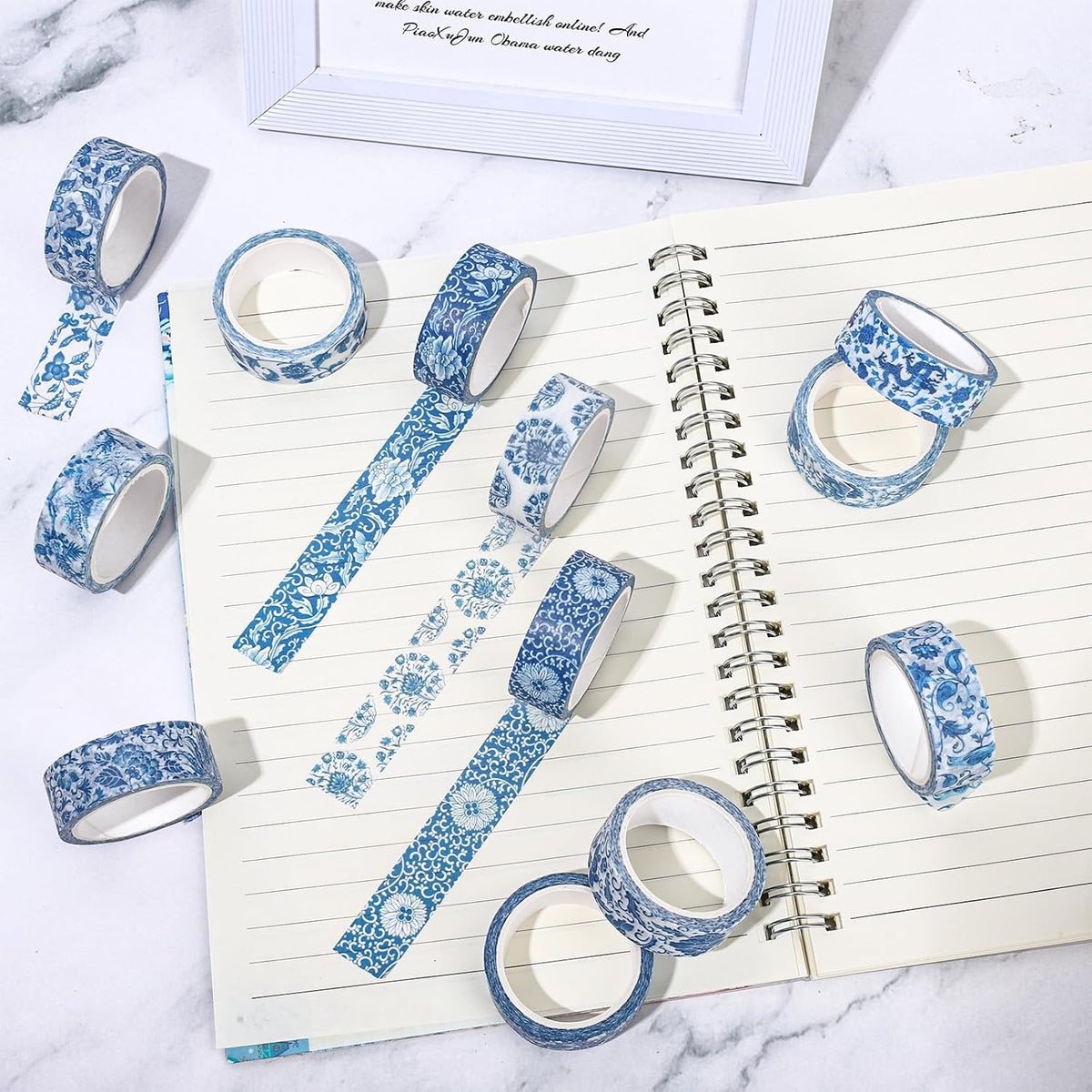 Whaline 12 Rolls Blue Floral Washi Tape Chinoiserie Flower Washi Tape Vintage Masking Decorative