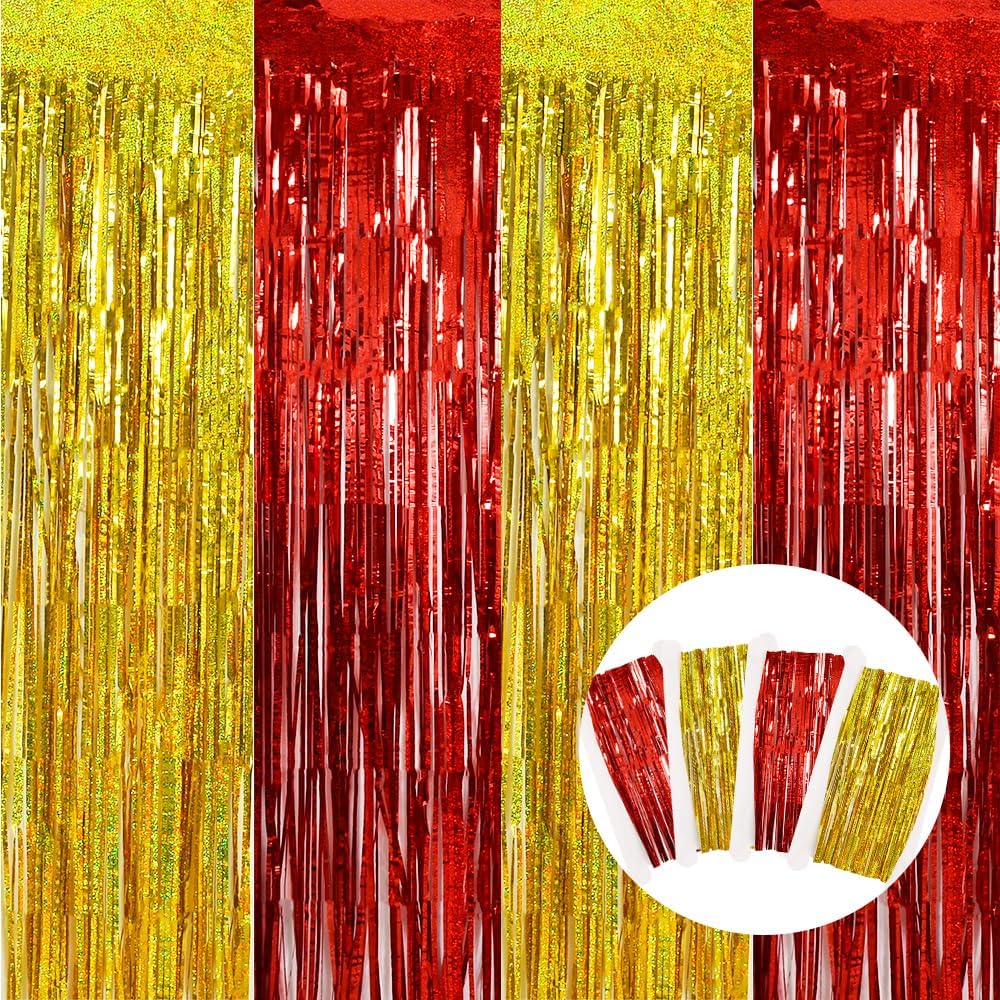 BEISHIDA 4 Pcs Red and Gold Party Streamers Fringe Foil Curtain Backdrop Tinsel Background Party