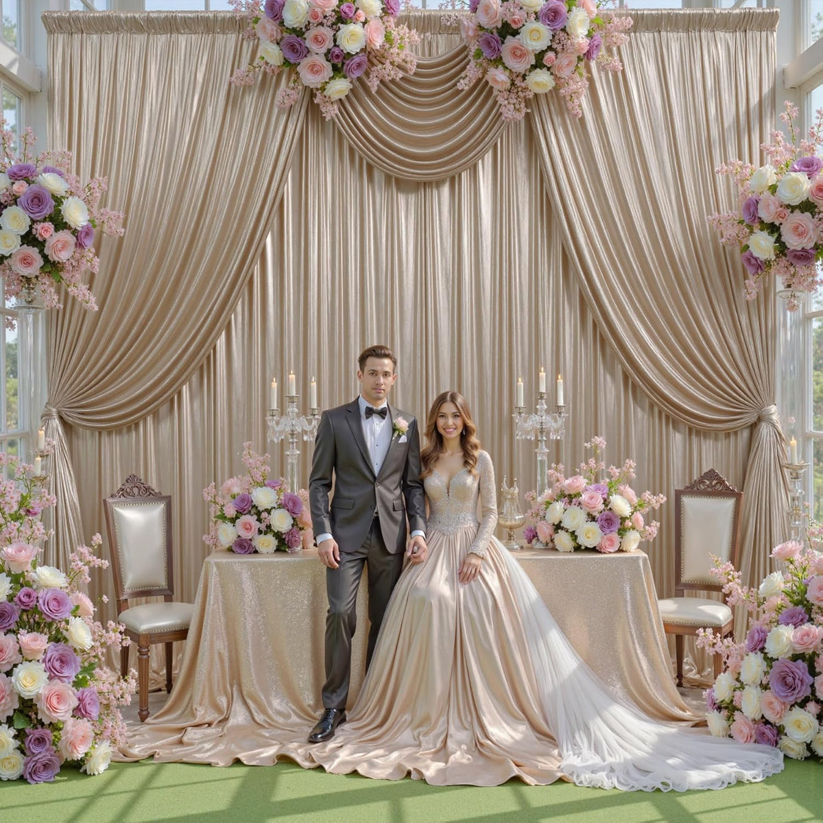 20ftx10ft Champagne Sequin Backdrop Curtain for Parties, 4 Panels Wrinkle Free Glitter Photo