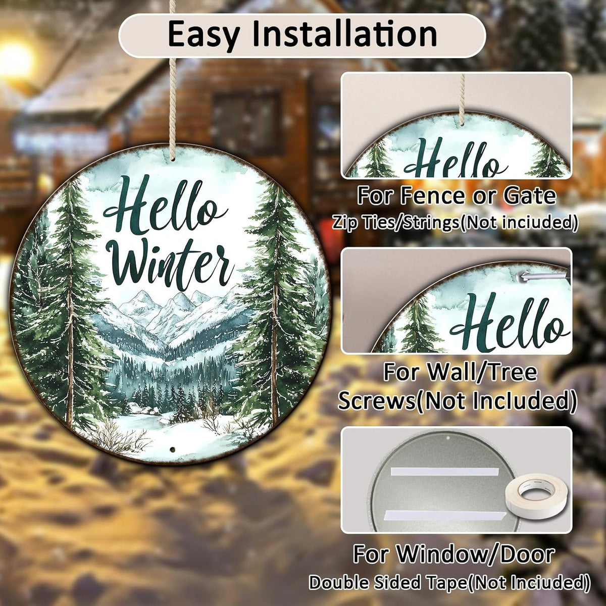 Round Christmas Metal Tin Sign Hello Winter Sign Christmas Pine Trees Welcome Door Sign Xmas Winter