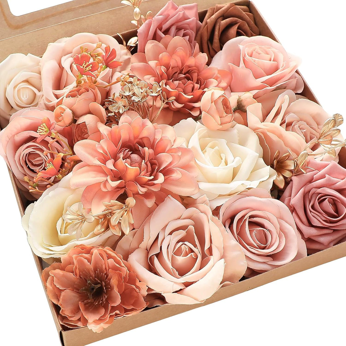 Floroom Terracotta Artificial Flowers Burnt Orange Fake Roses Dahlias and Greenery Combo Box Set