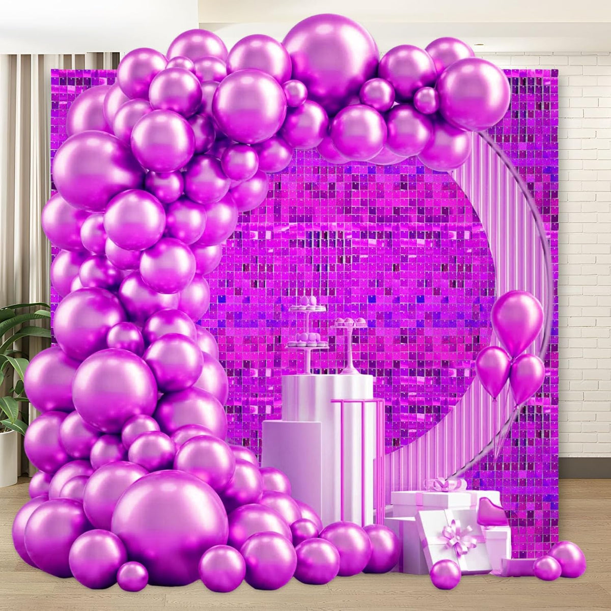 24PCS Purple Shimmer Wall Backdrop, Laser Square Sequin Photo Backdrops Panel, Glitter Wall
