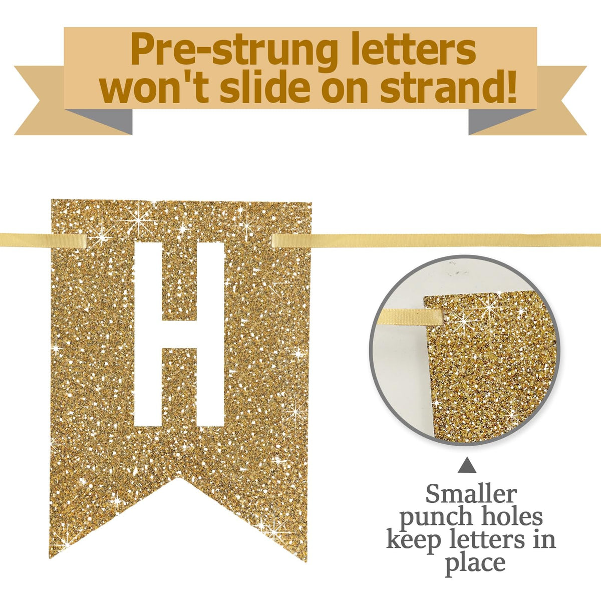Netnology Pre-Strung Gold Glitter Happy Birthday Banner Decorations