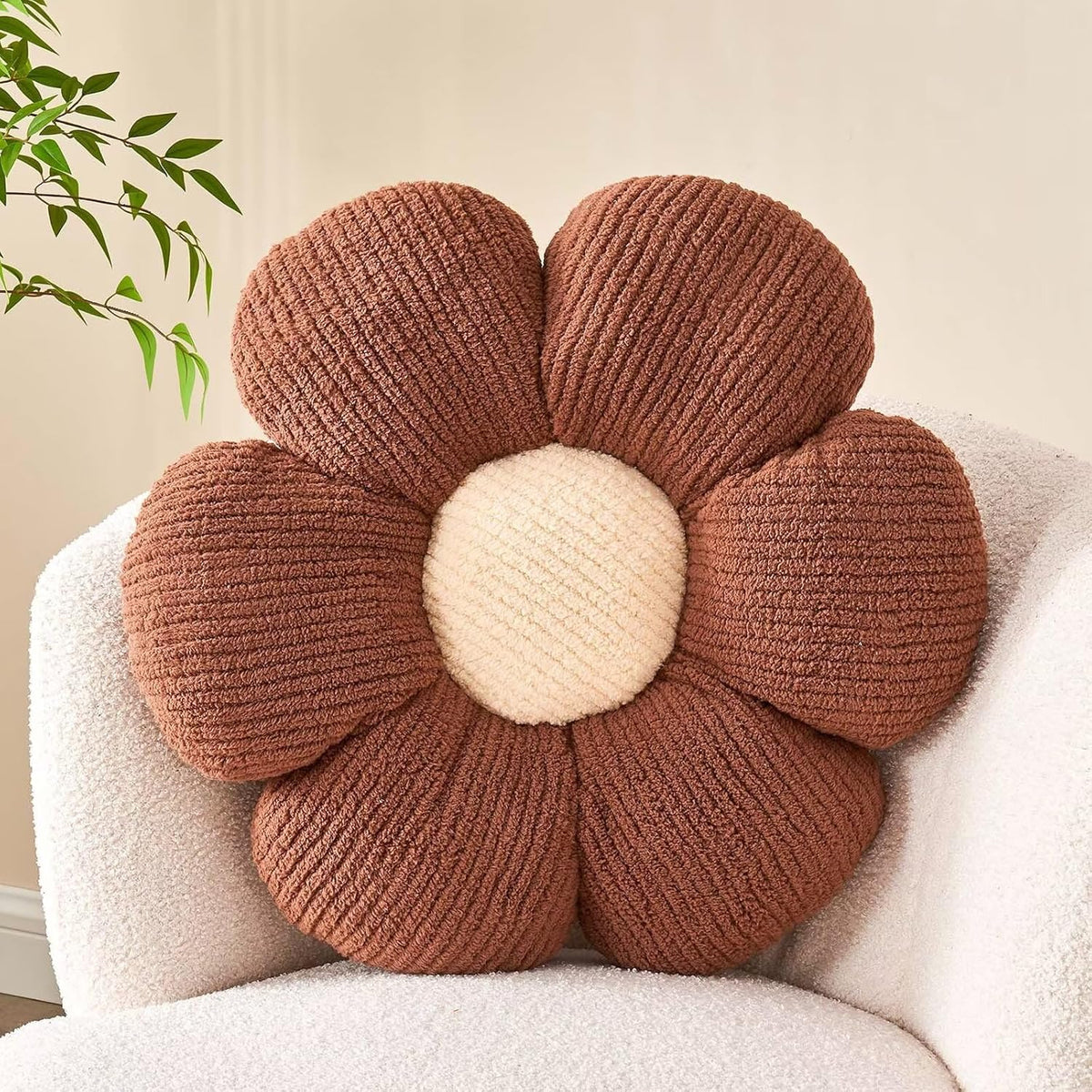 Flower Throw Pillow, Soft Brown 14.9" Shaped Floor Pillow for Home Decor, Cute Aesthetic Plush