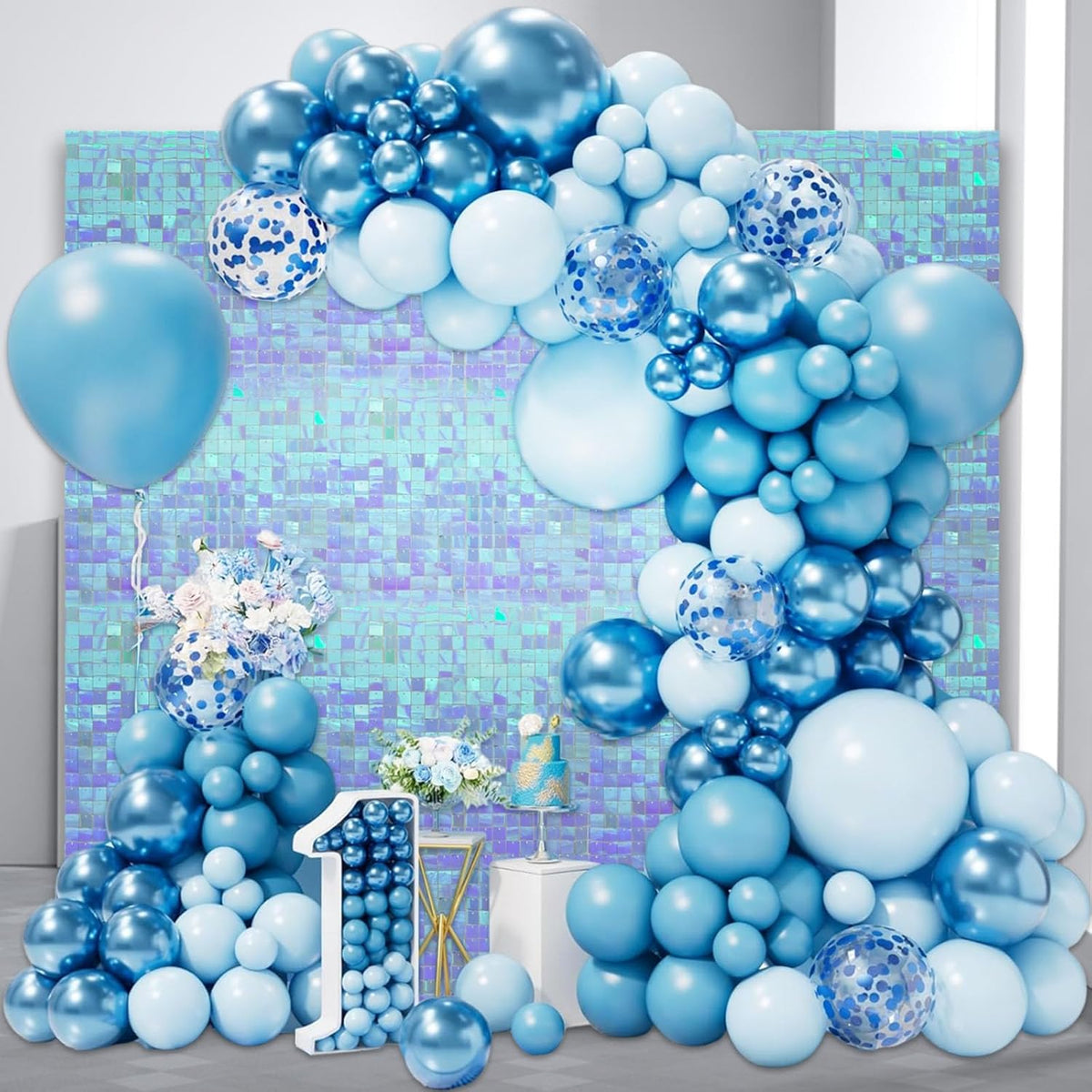 12PCS Colorful Ice Blue Shimmer Wall Backdrop, Square Sequin Photo Backdrops Panel, Glitter Wall