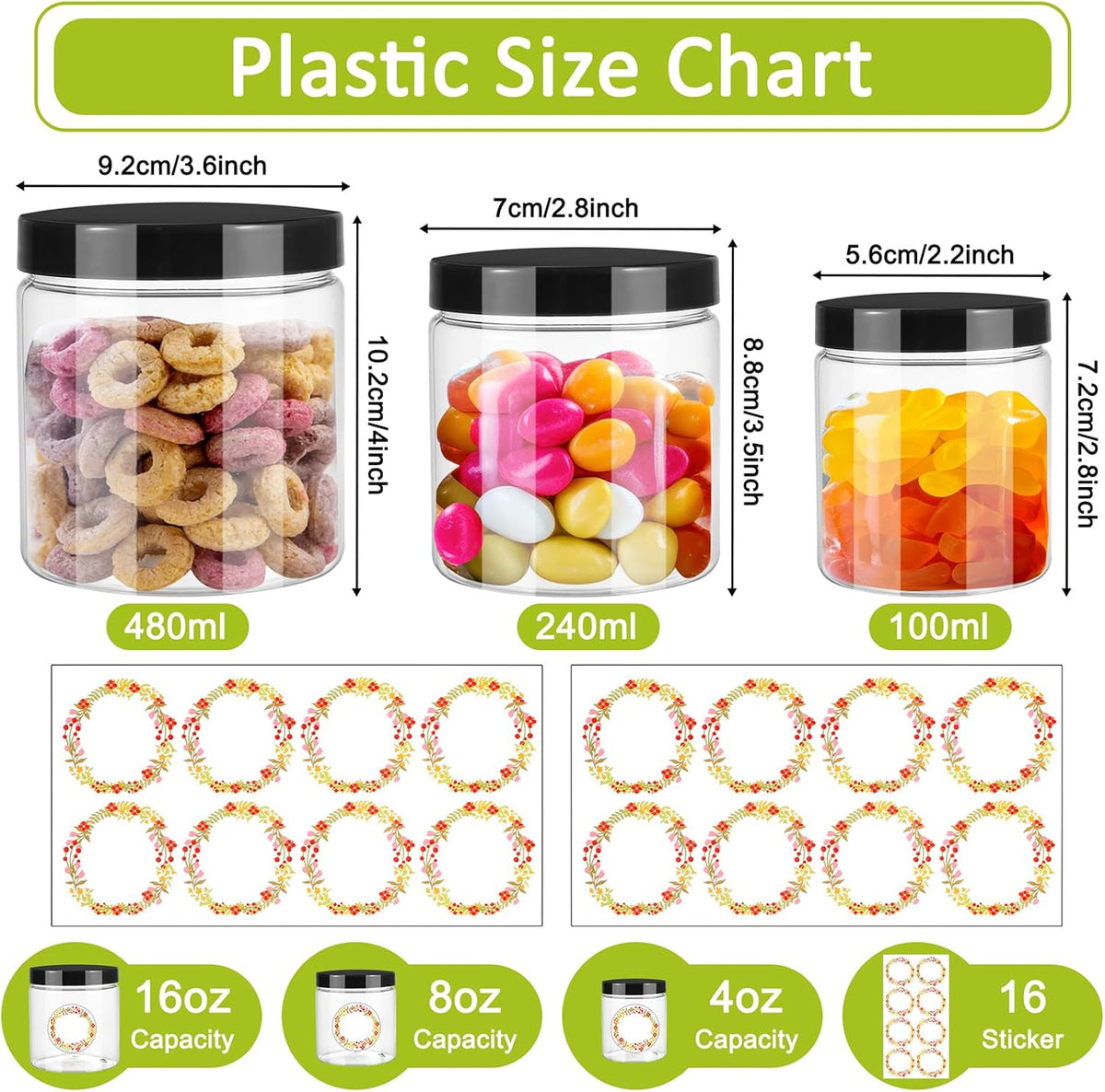 12pcs Plastic Jars with Lids 16 oz & 8 oz & 4 oz, Leakproof Storage Containers Clear Plastic Mason