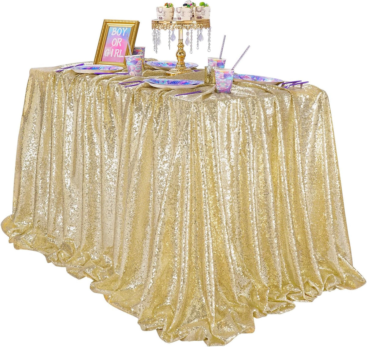 QueenDream Light Gold Sequin Decorative Party Tablecloth: Large Shimmer Dessert Table Overlay