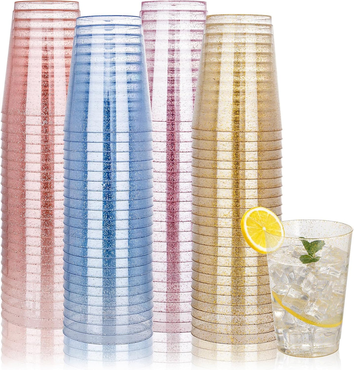 DaYammi 100 Pack 10 Oz Plastic Cups Glitter Disposable Cups in Assorted Colors,Plastic cup with 4