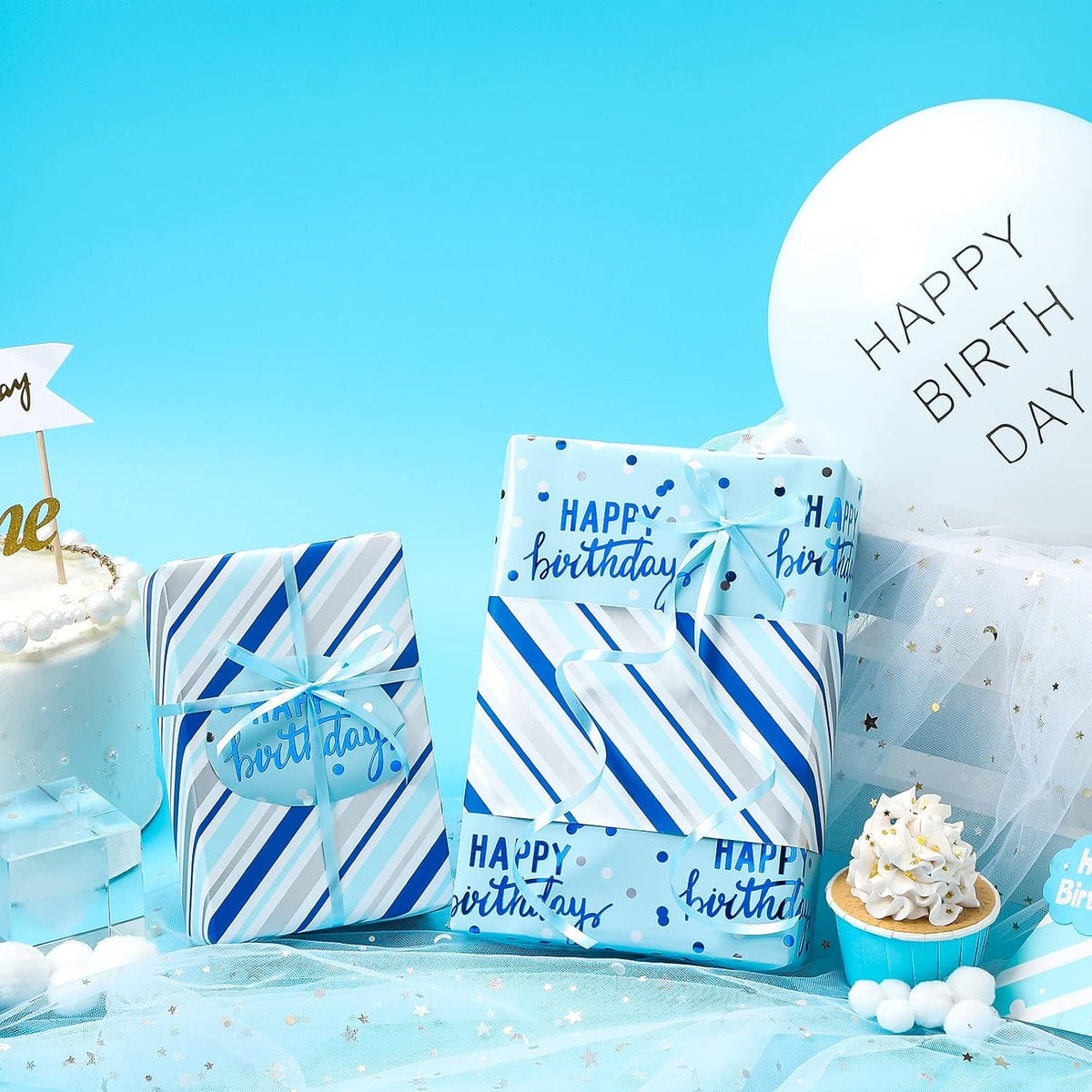 LeZakaa Reversible Blue Birthday Wrapping Paper Roll for Boys Men, Happy Birthday Lettering &