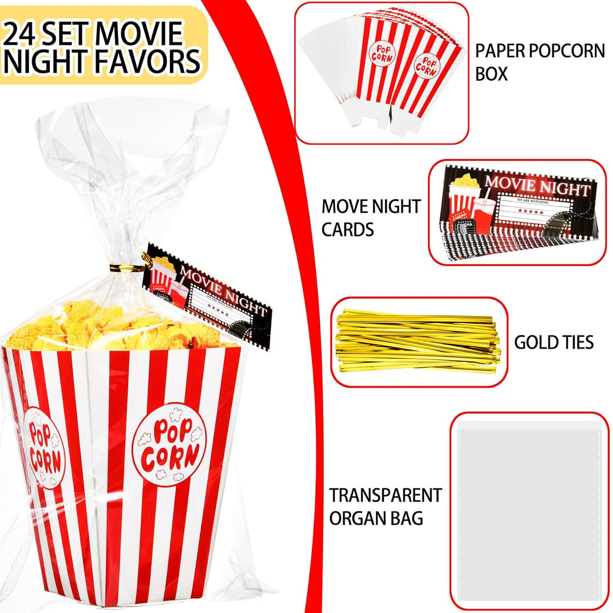 24set Movie Night Party Favors include Paper Popcorn Box Cellophane Bags and Ticket for Movie Theme