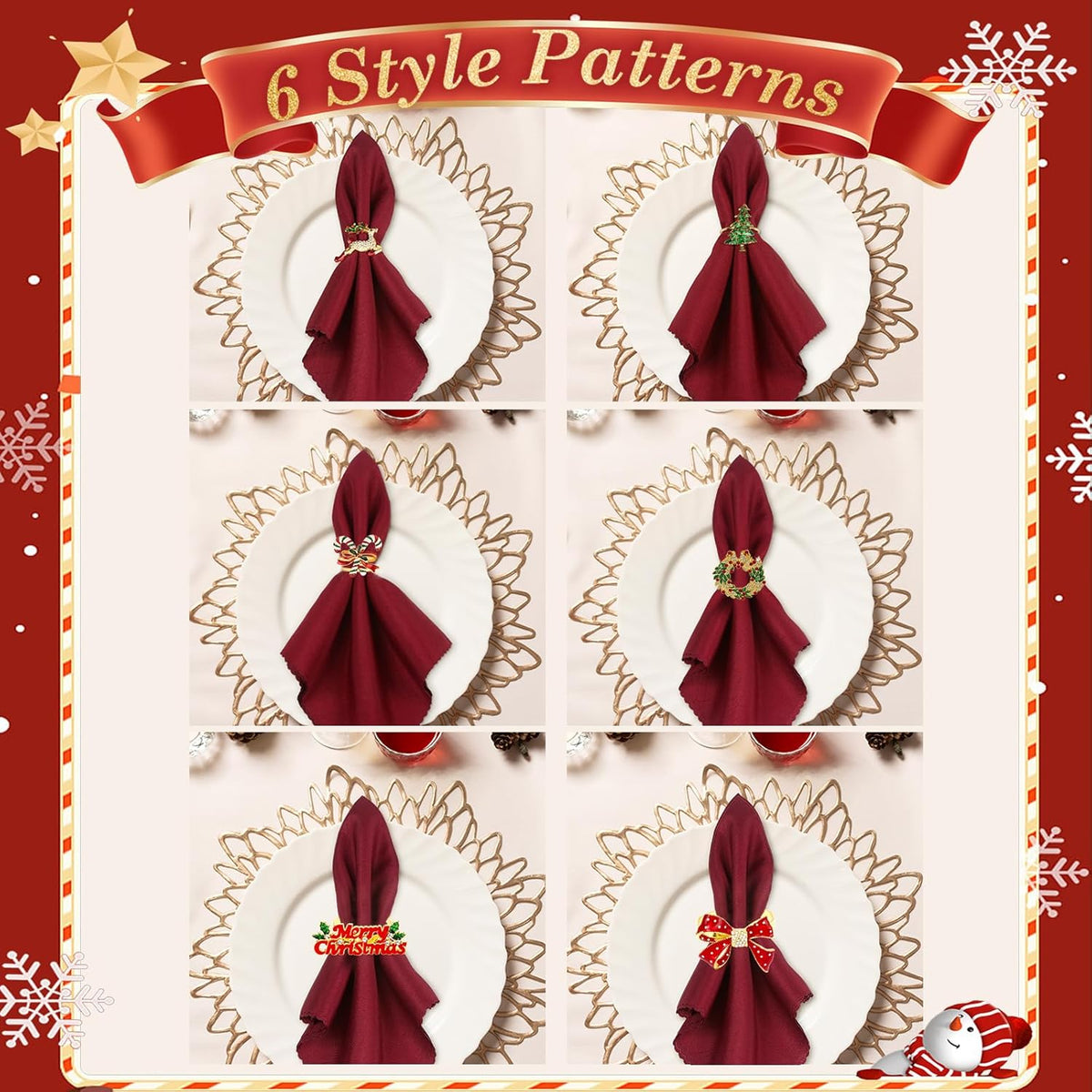 KPOSIYA 12PCS Christmas Napkin Rings Set of 6 and 6pcs Red Napkins Cloth, Metal Xmas Napkin Ring