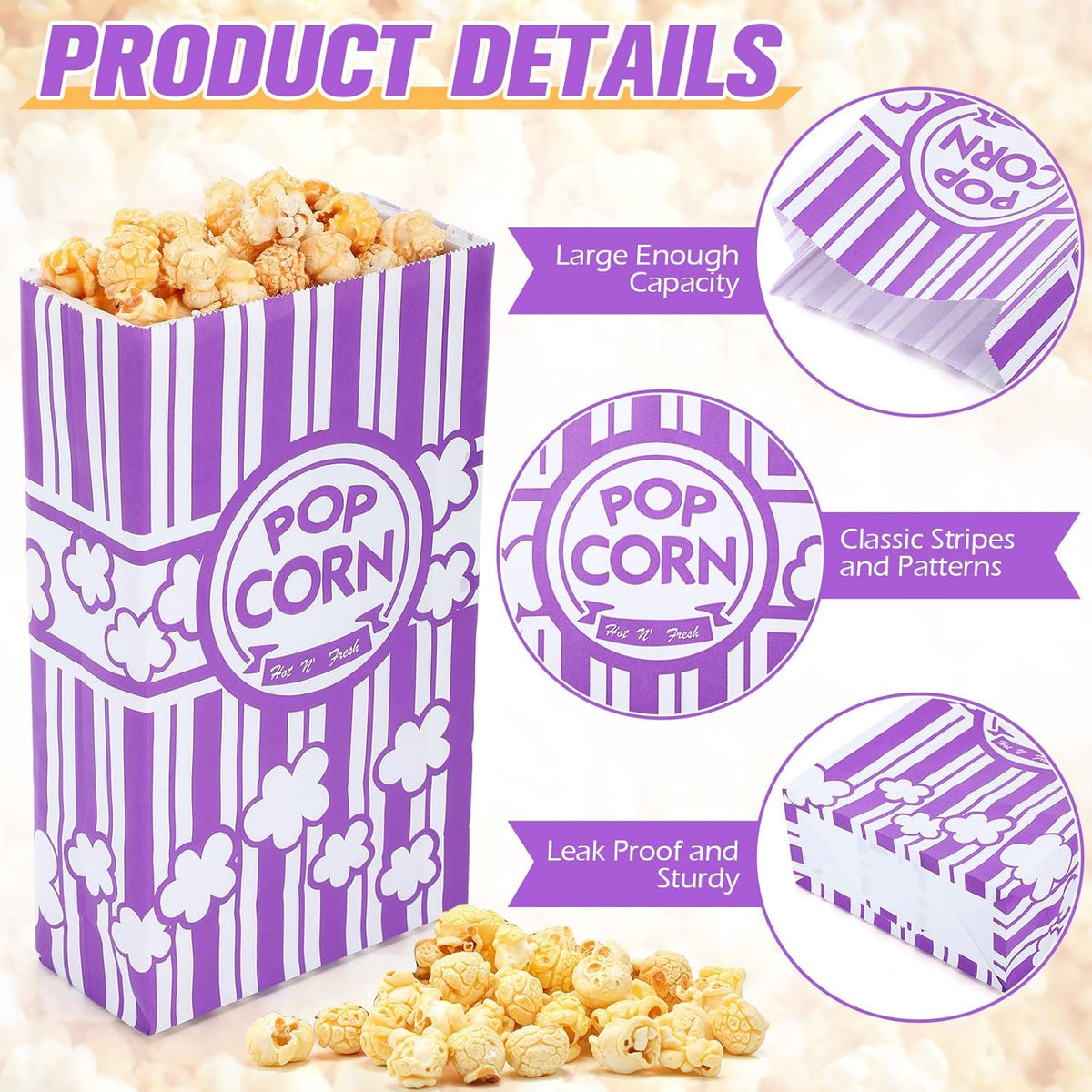 Leinuosen 200 Pcs Paper Popcorn Bags Bulk 2 oz Large Flat Bottom Boxes Disposable Container Sleeve
