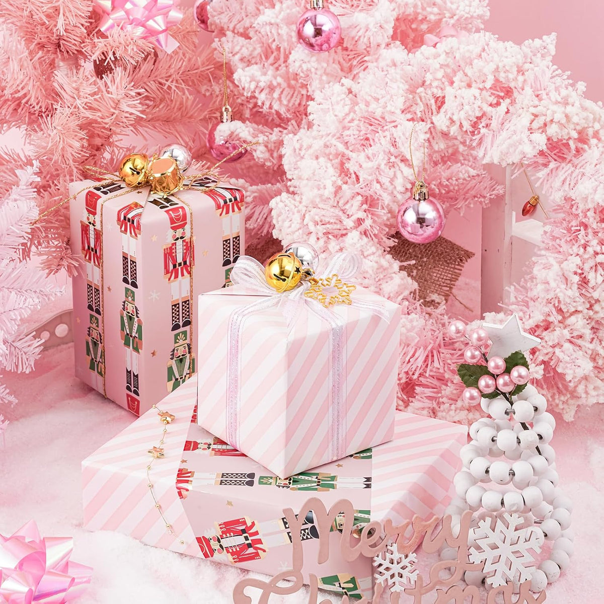 LeZakaa Christmas Pink Wrapping Paper Jumbo Roll for Kids, Pink Metallic Foil Gift Wrap Paper with