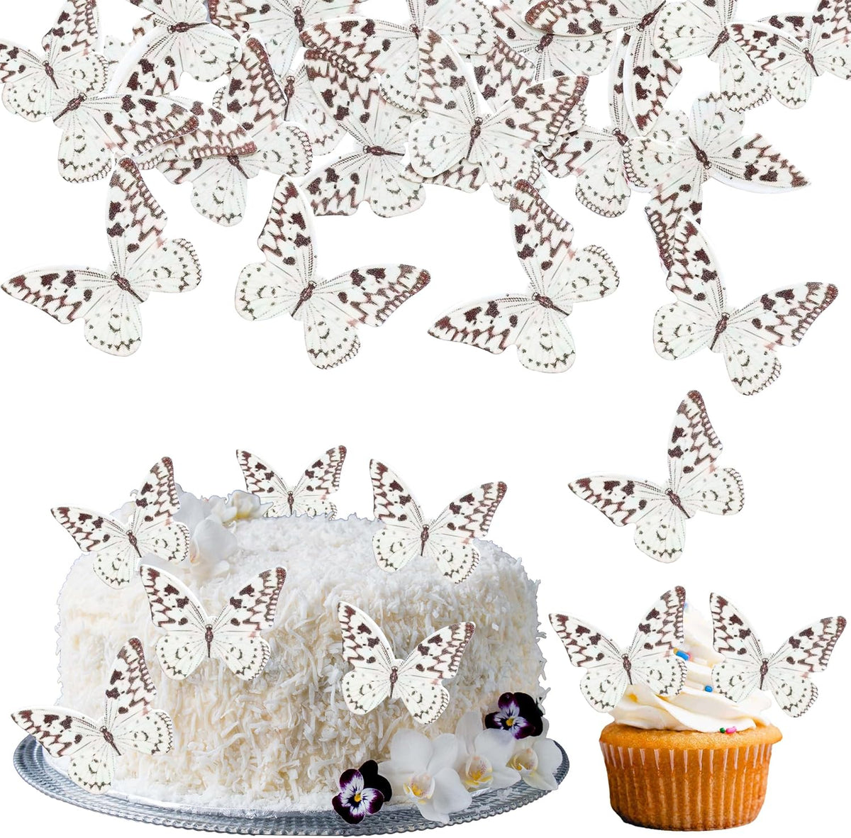 Ephlyn 48Pcs Edible Wafer Paper Butterflies for Cupcake Toppers Picks Edible Butterfly Cake