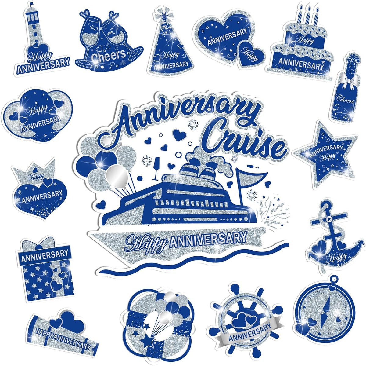 Happy Anniversary Cruise Door Magnets Decorations, Blue Silver Happy Anniversary Cruise Ship Door