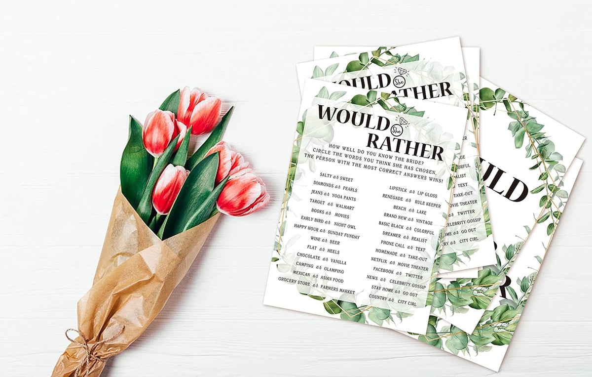 Bridal Shower Game Cards, Would She Rather Game, Tropical Jungle Theme Engagement Party Cards For