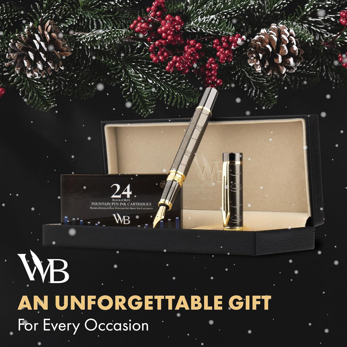 Wordsworth & Black Primori Fountain Pen Set [Gunmetal Gold]; Extra Fine Nib, Gift Case, 24 Ink