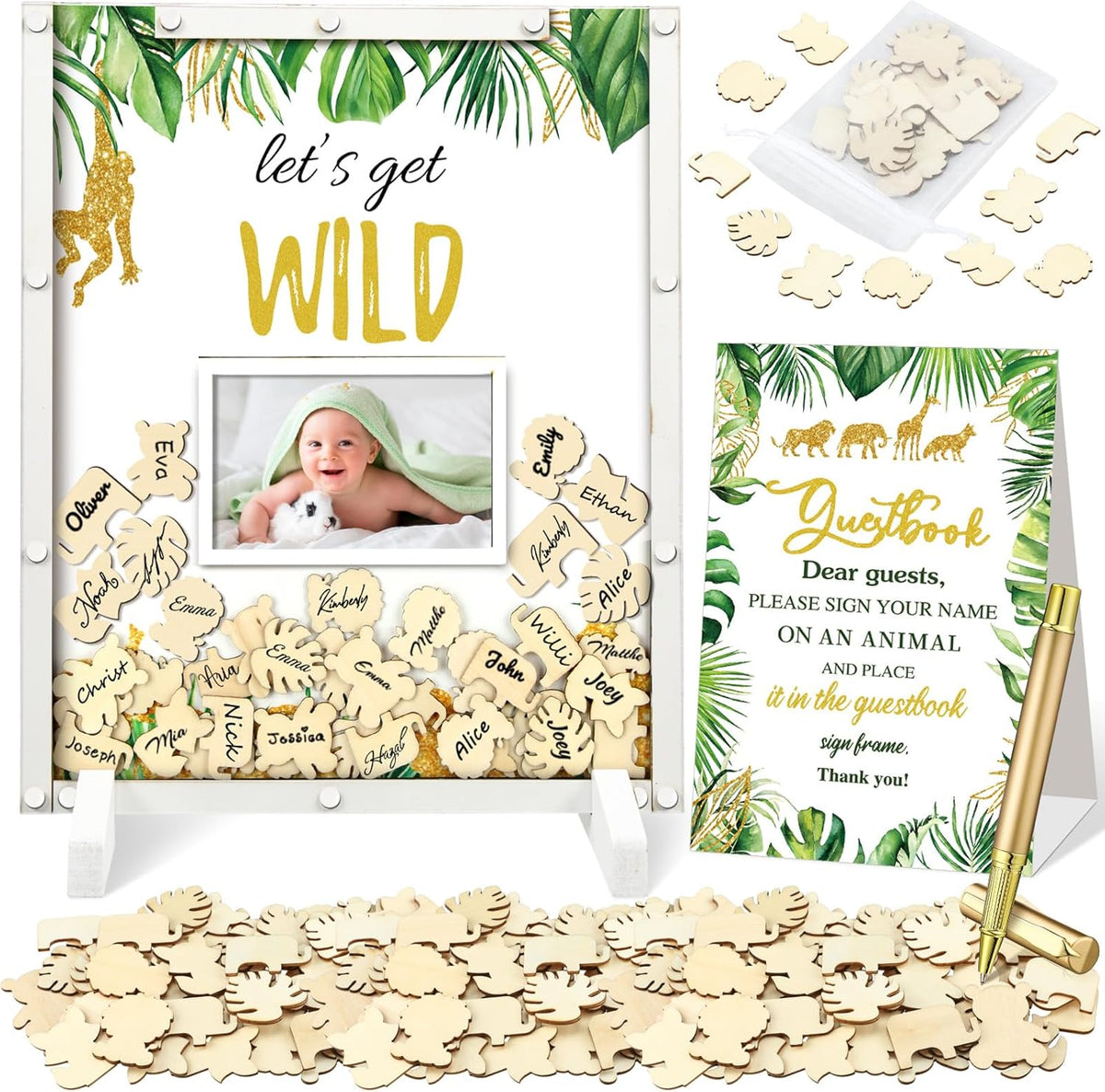 65 Pcs Jungle Animal Baby Shower Guest Book Alternatives He or She Gender Reveal Baby Shower