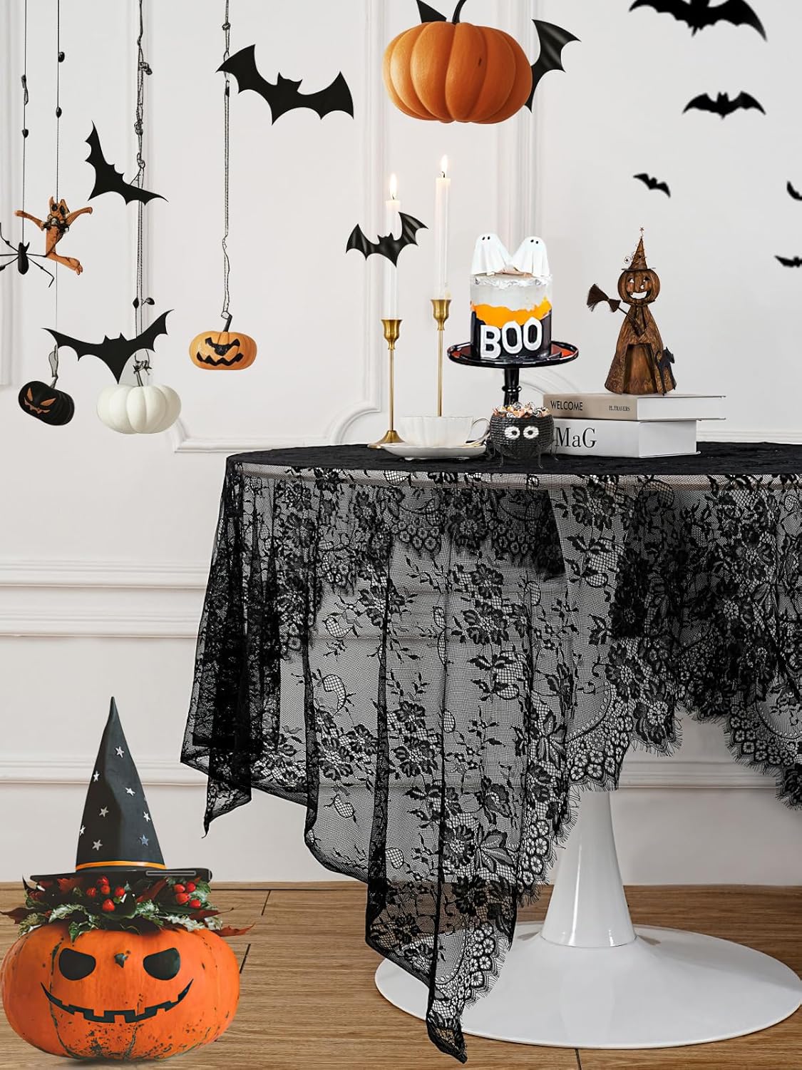Black Tablecloth Halloween Lace Table Fabric 2pcs 60x120 Inch for Scary Movies Rustic Wedding