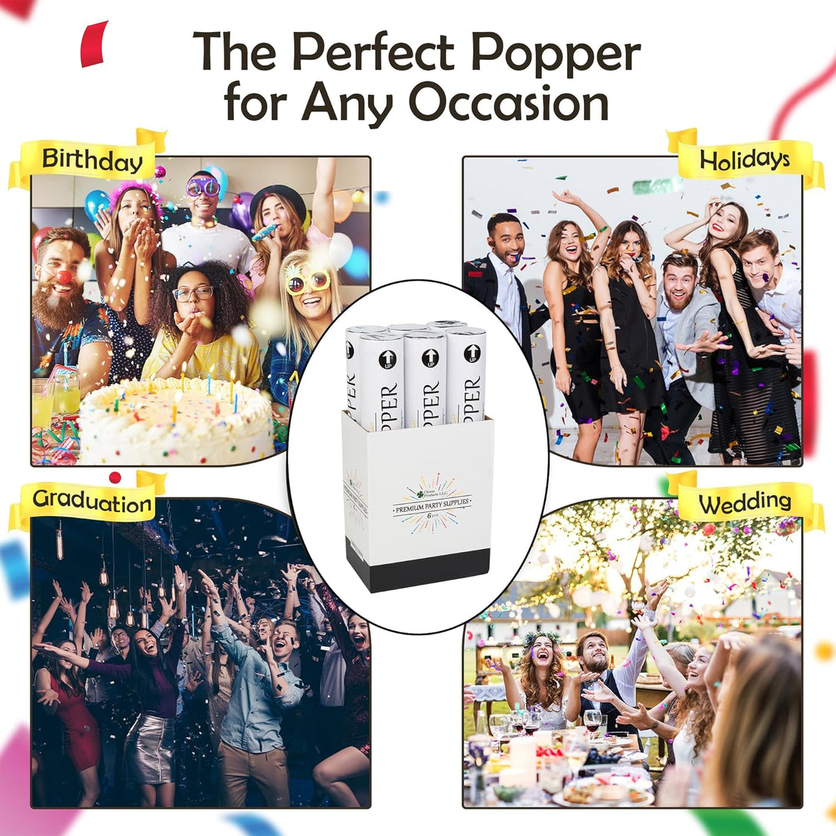 Clover Products 12" Biodegradable Confetti Cannons | 6 Pack Confetti Poppers for Weddings